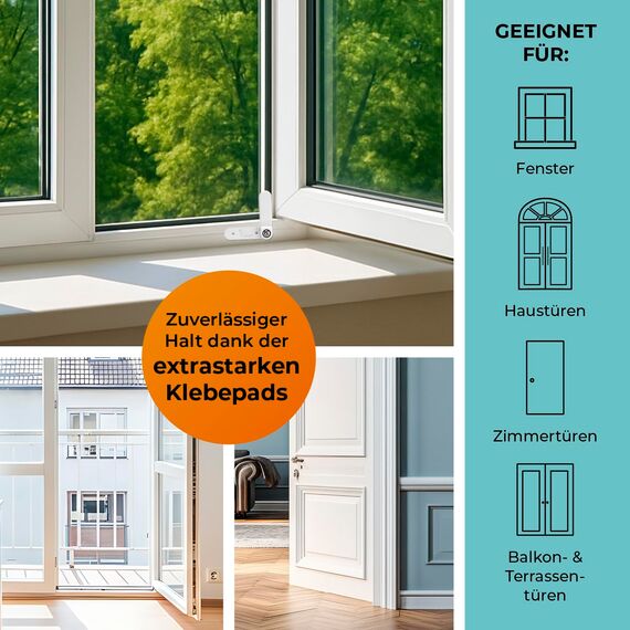 Vlippy Tür- & Fensterstopperr 4 Stück | Verhindert das Zuschlagen von Fenstern & Türen, endlich Lüften ohne Sorge | Einfache Montage ohne Bohren - einfach kleben, vlippen, fertig