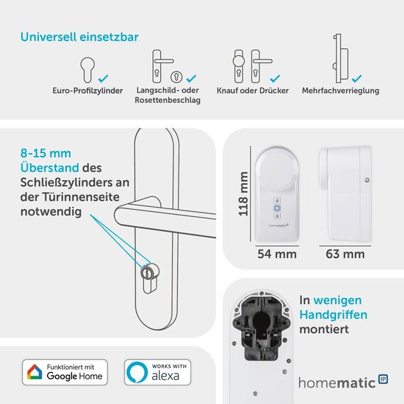Homematic IP Smart Home Türschlossantrieb, elektronisches Türschloss, Smart Lock ohne Umbau, Türöffner per App, Alexa & Google Assistant, 154952A0