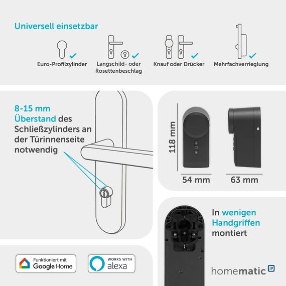 Homematic IP Smart Home Türschlossantrieb, anthrazit, elektronisches Türschloss, Smart Lock nachrüstbar ohne Umbau, Türöffner steuerbar per App, Alexa & Google Assistant, 160555A0