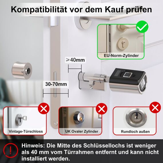 WELOCK SECBN51 Fingerabdruck Schloss mit App, RFID-Karte Transponder und WiFi, Fingerabdruck Türschloss Haustür für Türen von 30-70mm, Schlüssellose Türschloss Fingerprint IP65