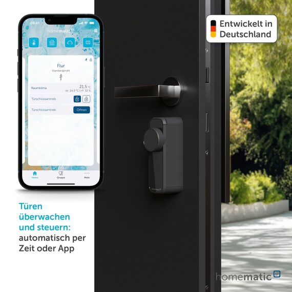 Homematic IP Türschlossantrieb – pro, anthrazit-silber, Smart Home, permanente Türüberwachung, Smart Lock, elektronsiches Türschloss, einfach nachrüsten, steuern per App, Alexa & Google Home, 162826A0