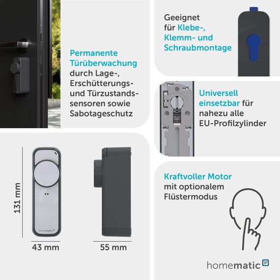 Homematic IP Türschlossantrieb – pro, anthrazit-silber, Smart Home, permanente Türüberwachung, Smart Lock, elektronsiches Türschloss, einfach nachrüsten, steuern per App, Alexa & Google Home, 162826A0