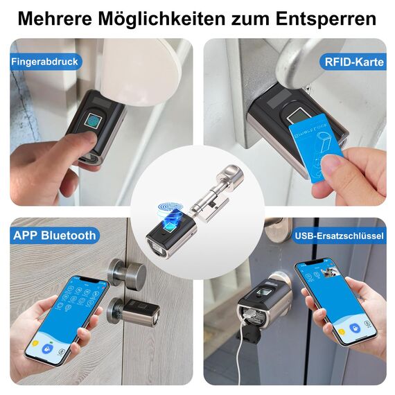 WELOCK SECBN51 Fingerabdruck Schloss mit App, RFID-Karte Transponder und WiFi, Fingerabdruck Türschloss Haustür für Türen von 30-70mm, Schlüssellose Türschloss Fingerprint IP65