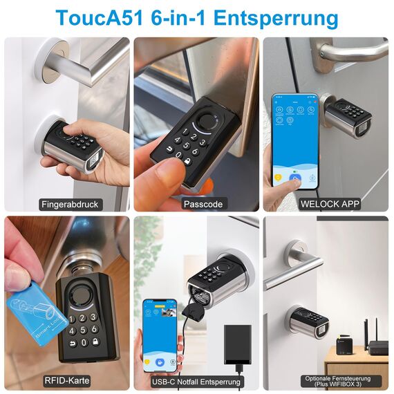 WELOCK ToucA51 Türschloss Fingerabdruck, Passcode Fingerabdruck Schloss Haustür, mit RFID-Karte App, Elektronische Zahlencode Türschloss Verstellbarer Schließzylinder für 30-70mm Tür