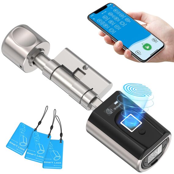 WELOCK SECBN51 Fingerabdruck Schloss mit App, RFID-Karte Transponder und WiFi, Fingerabdruck Türschloss Haustür für Türen von 30-70mm, Schlüssellose Türschloss Fingerprint IP65
