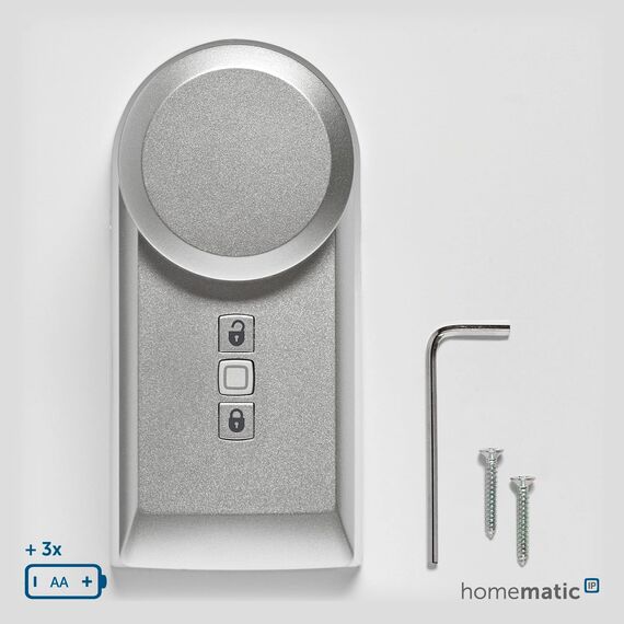 Homematic IP Smart Home Türschlossantrieb, silber, elektronisches Türschloss, Smart Lock nachrüstbar ohne Umbau, Türöffner steuerbar per App, Alexa & Google Assistant, 160556A0