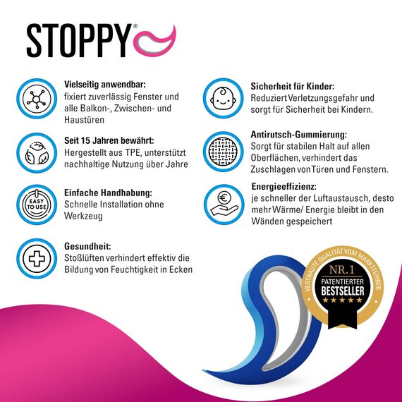 Stoppy, Stoppi, Fensterstopper, Türstopper, Türkeil, Türhaken, Fensterklammer, 2er Set (erhältlich in 14 Farben) (schwarz)