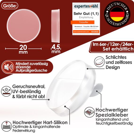WEIDEBACH® 12x Dezente Türpuffer Transparent, Türstopper Wand Selbstklebend 20x5 mm, Elastikpuffer für Bad, Glasflächen, Wände, Gummistopper, Klebepunkte