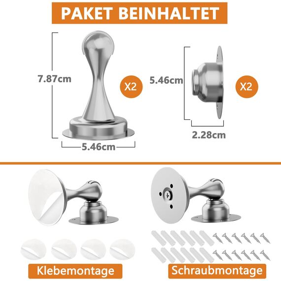 Magnetischer Türstopper 2 Stück, Türstopper aus Edelstahl für die Unterseite der Tür, Wand und Bodenmontage, Ohne Bohren Türschnäpper Türhalter mit Klebebändern | Bohren Sie mit Schrauben, Silber