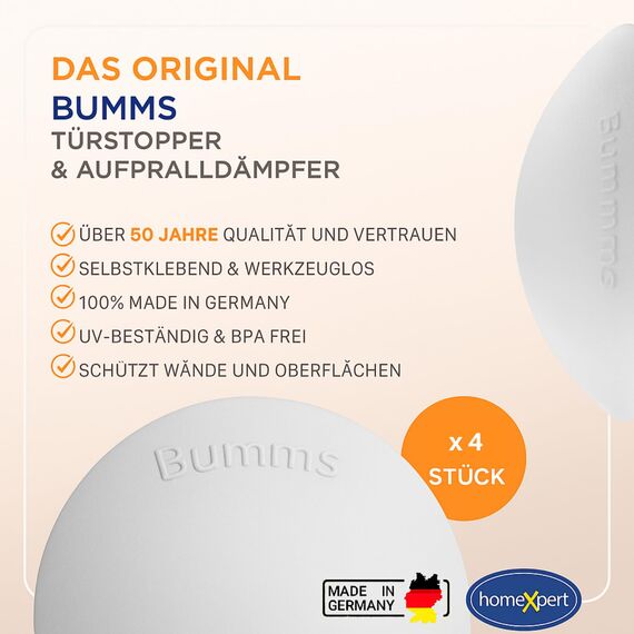 Bumms Türstopper für Boden und Wand Weiß selbstklebend ohne bohren [4 Stück] - Ø 60 mm - Wandpuffer für Wandschutz aus Gummi - Türpuffer für Türanschlag, Türgriffschutz bei Wänden