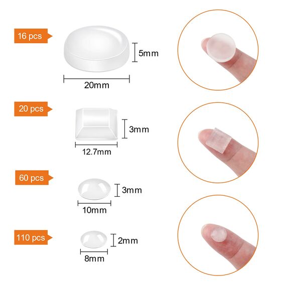 206 Stück Selbstklebend Elastikpuffer Türpuffer Transparent Gummipuffer Schutzpuffer Anschlagpuffer Anschlagdämpfer für Türen Schränke Möbel (4 Größen)