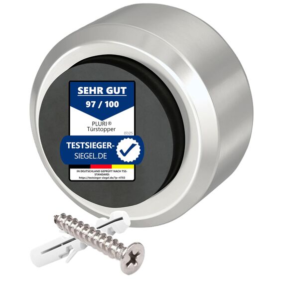 PLURI - Premium Türstopper Wand Edelstahl [1er Set] - GRATIS Befestigungsmaterial, Wandmontage mit Schrauben & Dübeln – Gummi-Puffer schützt Türgriff, Türklinke und Wand