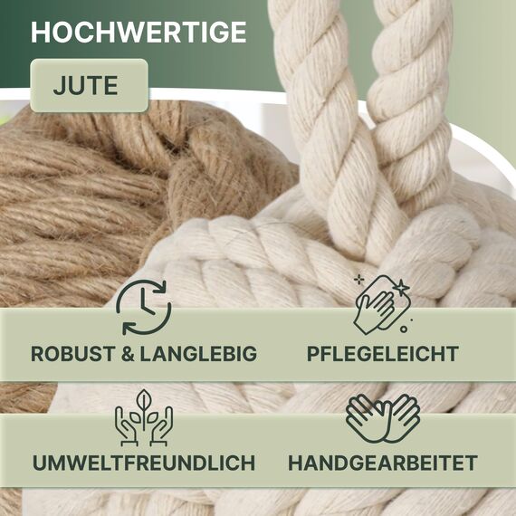 TOPANBIETER 999 2er Set Deko Türstopper Jute für den Boden Türhalter Fensterpuffer Bodenstopper Tür Stopper Knoten Natur Strick Kugel mit Schlaufe ca. 1,2 kg Sack Schutz für die Wand