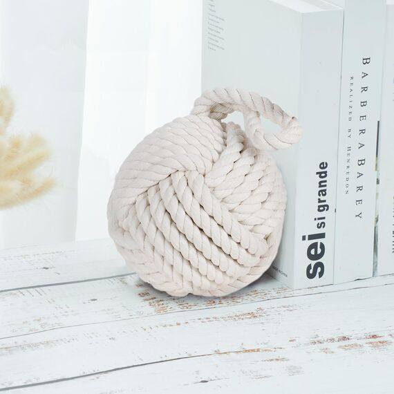 Forecronic Rope Knot Türstopper dekorative nautische handgefertigt mit Griff, beschwert Innenraum Kugelförmig Türstopper Seemannsknoten für Tür und Fenster - Beige (13x13cm, 1.8kg)