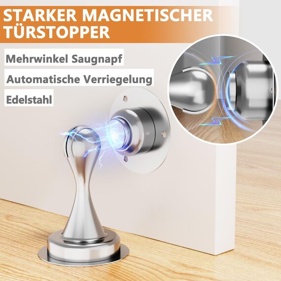 Magnetischer Türstopper 2 Stück, Türstopper aus Edelstahl für die Unterseite der Tür, Wand und Bodenmontage, Ohne Bohren Türschnäpper Türhalter mit Klebebändern | Bohren Sie mit Schrauben, Silber