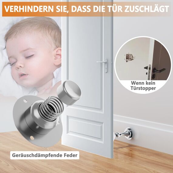 Magnetischer Türstopper 2 Stück, Türstopper aus Edelstahl für die Unterseite der Tür, Wand und Bodenmontage, Ohne Bohren Türschnäpper Türhalter mit Klebebändern | Bohren Sie mit Schrauben, Silber