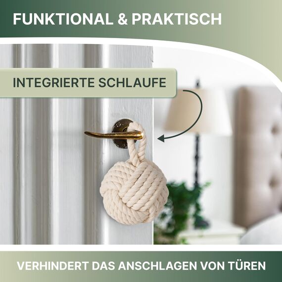 TOPANBIETER 999 2er Set Deko Türstopper Jute für den Boden Türhalter Fensterpuffer Bodenstopper Tür Stopper Knoten Natur Strick Kugel mit Schlaufe ca. 1,2 kg Sack Schutz für die Wand