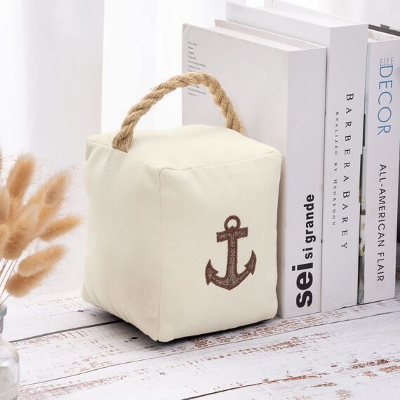 Forecronic Stoff-Türstopper Dekorative für Haus und Büro, 1.5kg gewichteter Heavy Duty weicher Türstopper mit Griff und nautischem Anker Design - 12.7x15.2cm Beige