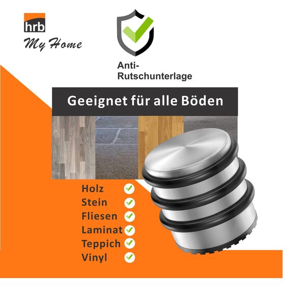 HRB Türstopper Edelstahl hoch massiv 4 Stück - Schwerer Türstopper Boden mit modernen Design, Door Stopper versehen mit Gummiring zum Schutz der Türen (Silber)