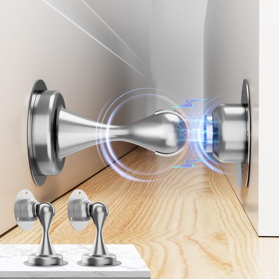 Magnetischer Türstopper 2 Stück, Türstopper aus Edelstahl für die Unterseite der Tür, Wand und Bodenmontage, Ohne Bohren Türschnäpper Türhalter mit Klebebändern | Bohren Sie mit Schrauben, Silber