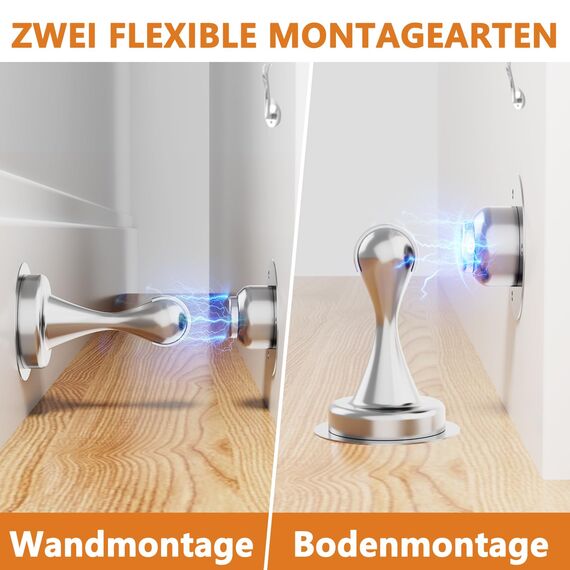 Magnetischer Türstopper 2 Stück, Türstopper aus Edelstahl für die Unterseite der Tür, Wand und Bodenmontage, Ohne Bohren Türschnäpper Türhalter mit Klebebändern | Bohren Sie mit Schrauben, Silber