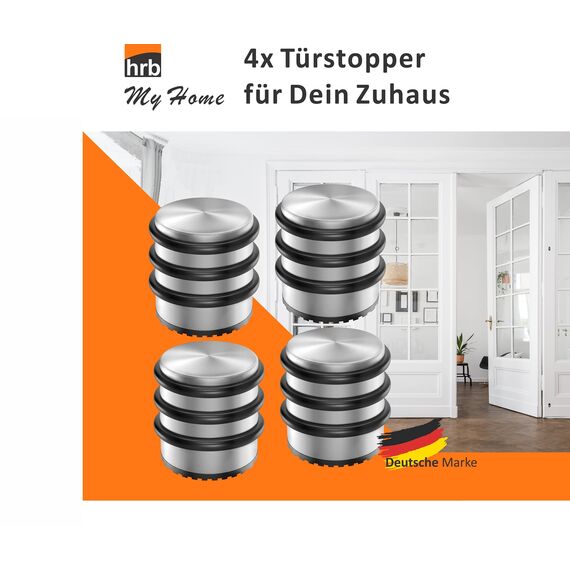 HRB Türstopper Edelstahl hoch massiv 4 Stück - Schwerer Türstopper Boden mit modernen Design, Door Stopper versehen mit Gummiring zum Schutz der Türen (Silber)