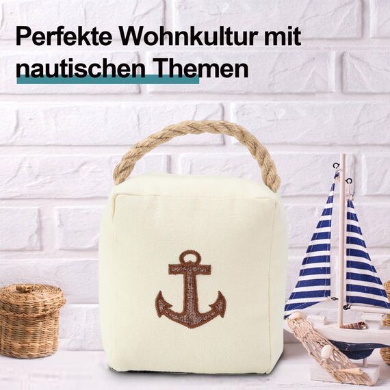 Forecronic Stoff-Türstopper Dekorative für Haus und Büro, 1.5kg gewichteter Heavy Duty weicher Türstopper mit Griff und nautischem Anker Design - 12.7x15.2cm Beige