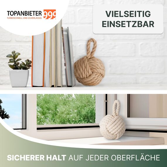 TOPANBIETER 999 2er Set Deko Türstopper Jute für den Boden Türhalter Fensterpuffer Bodenstopper Tür Stopper Knoten Natur Strick Kugel mit Schlaufe ca. 1,2 kg Sack Schutz für die Wand