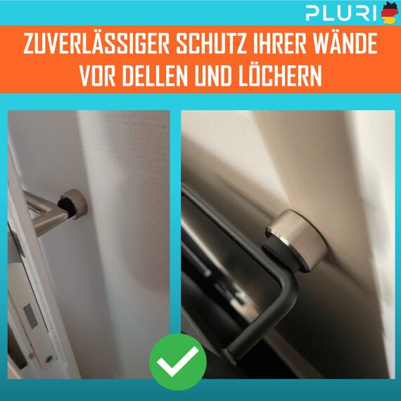 PLURI - Premium Türstopper Wand Edelstahl [1er Set] - GRATIS Befestigungsmaterial, Wandmontage mit Schrauben & Dübeln – Gummi-Puffer schützt Türgriff, Türklinke und Wand