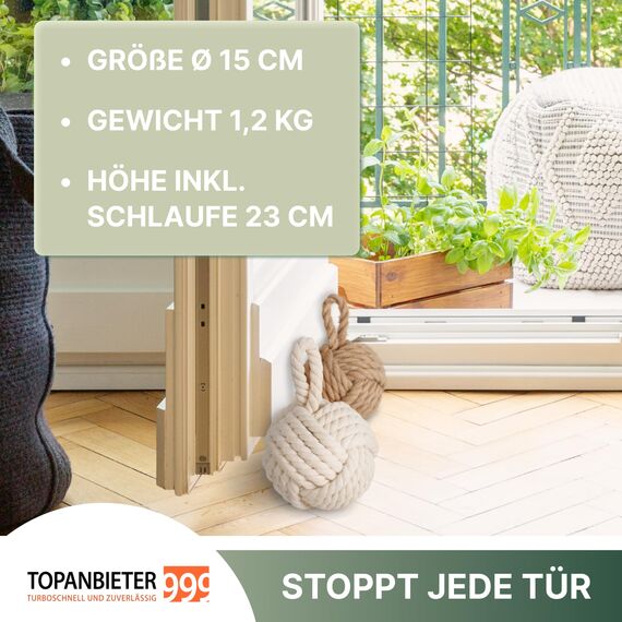 TOPANBIETER 999 2er Set Deko Türstopper Jute für den Boden Türhalter Fensterpuffer Bodenstopper Tür Stopper Knoten Natur Strick Kugel mit Schlaufe ca. 1,2 kg Sack Schutz für die Wand