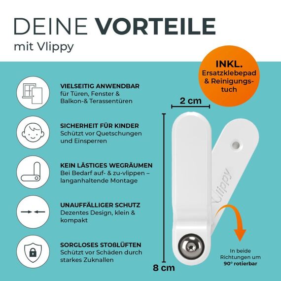 Vlippy Tür- & Fensterstopper 2 Stück | Verhindert das Zuschlagen von Fenstern & Türen, endlich Lüften ohne Sorge | Einfache Montage ohne Bohren - einfach kleben, vlippen, fertig