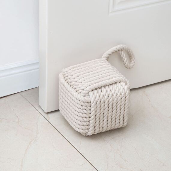 Forecronic Rope Knot Türstopper dekorative nautische handgefertigt mit Griff, beschwert Innenraum quadratische Türstopper Seemannsknoten für Tür und Fenster - Beige (12.7x12.7cm, 2kg)