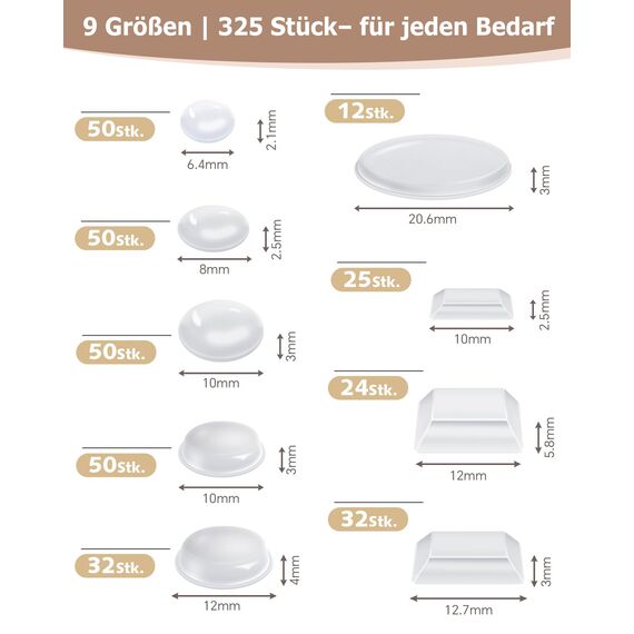 VABNEER Elastikpuffer Transparent Selbstklebend, Silikon Schutzpuffer Möbelpuffer Gummipuffer zur Lärmdämpfung Verhindern Rutschen und Kratzer (325, 6.4-20.6mm)