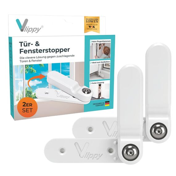 Vlippy Tür- & Fensterstopper 2 Stück | Verhindert das Zuschlagen von Fenstern & Türen, endlich Lüften ohne Sorge | Einfache Montage ohne Bohren - einfach kleben, vlippen, fertig