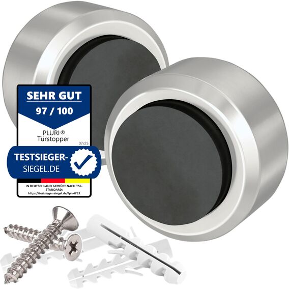 PLURI - Premium Türstopper Wand Edelstahl [2er Set] - GRATIS Befestigungsmaterial, Wandmontage mit Schrauben & Dübeln – Gummi-Puffer schützt Türgriff, Türklinke und Wand