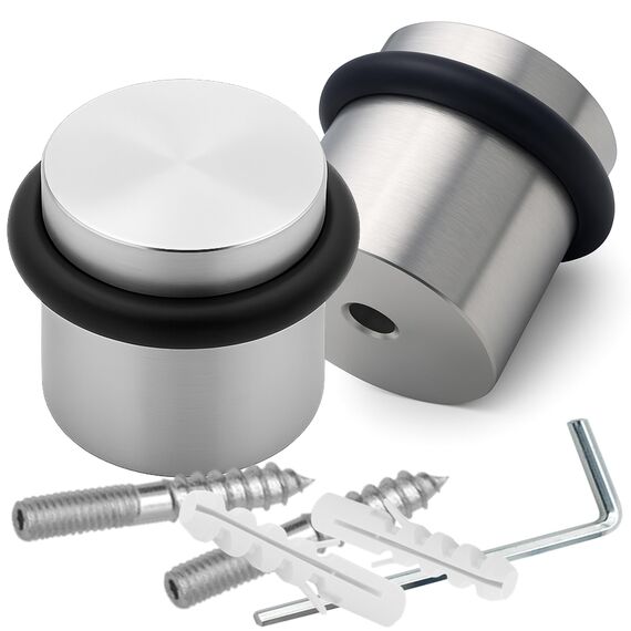 PLURI - Premium Türstopper Boden Edelstahl [2er Set] - GRATIS Befestigungsmaterial, Bodentürstopper zum Schrauben inkl. Schrauben & Dübel – Gummi-Puffer schützt Türgriff, Türklinke und Wand