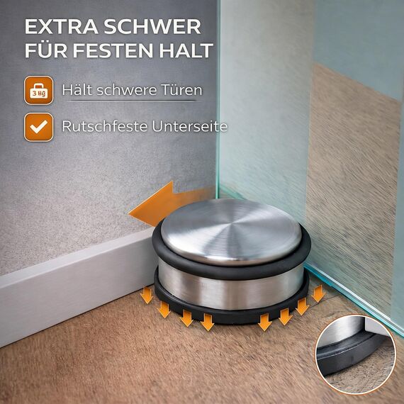 HRB Türstopper 2er Set, Edelstahl massiv - Schwerer Türstopper Boden 1,2 Kg/Stk., Door Stopper im modernen Design versehen mit Gummiring zum Schutz der Türen