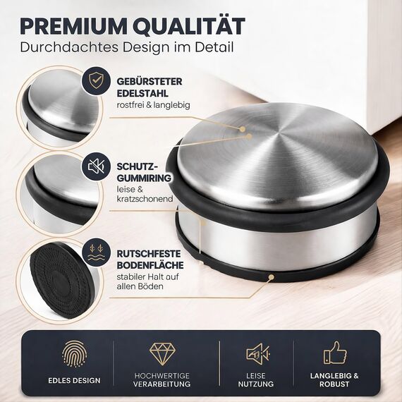 HRB Türstopper, Edelstahl massiv - Schwerer Türstopper Boden 1,2 Kg/Stk., Door Stopper im modernen Design versehen mit Gummiring zum Schutz der Türen