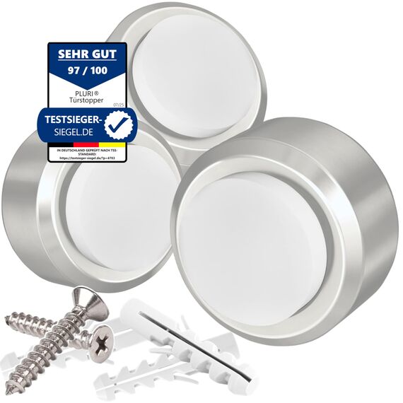 PLURI - Premium Türstopper Wand Edelstahl [3er Set] - GRATIS Befestigungsmaterial, Wandmontage mit Schrauben & Dübeln – Gummi-Puffer schützt Türgriff, Türklinke und Wand, Weiß