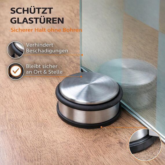HRB Türstopper 4er Set, Edelstahl massiv - Schwerer Türstopper Boden 1,2 Kg/Stk., Door Stopper im modernen Design versehen mit Gummiring zum Schutz der Türen