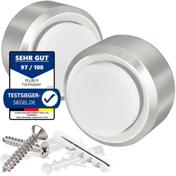 PLURI - Premium Türstopper Wand Edelstahl [2er Set] - GRATIS Befestigungsmaterial, Wandmontage mit Schrauben & Dübeln – Gummi-Puffer schützt Türgriff, Türklinke und Wand, Weiß