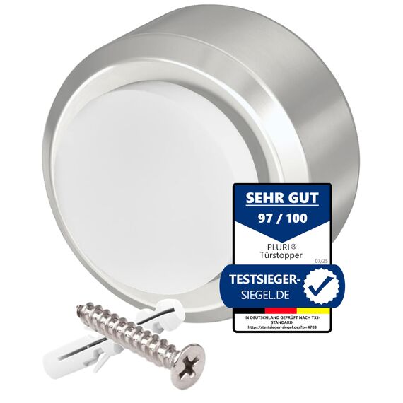 PLURI - Premium Türstopper Wand Edelstahl [1er Set] - GRATIS Befestigungsmaterial, Wandmontage mit Schrauben & Dübeln – Gummi-Puffer schützt Türgriff, Türklinke und Wand, Weiß