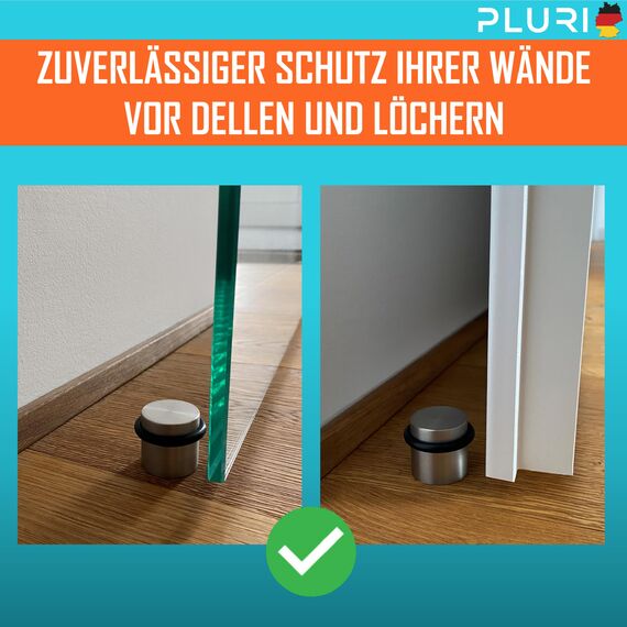 PLURI - Premium Türstopper Boden Edelstahl [2er Set] - GRATIS Befestigungsmaterial, Bodentürstopper zum Schrauben inkl. Schrauben & Dübel – Gummi-Puffer schützt Türgriff, Türklinke und Wand
