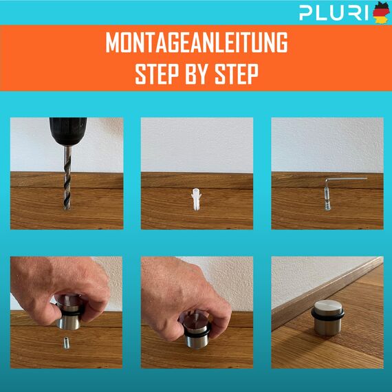 PLURI - Premium Türstopper Boden Edelstahl [10er Set] - GRATIS Befestigungsmaterial, Bodentürstopper zum Schrauben inkl. Schrauben & Dübel – Gummi-Puffer schützt Türgriff, Türklinke und Wand