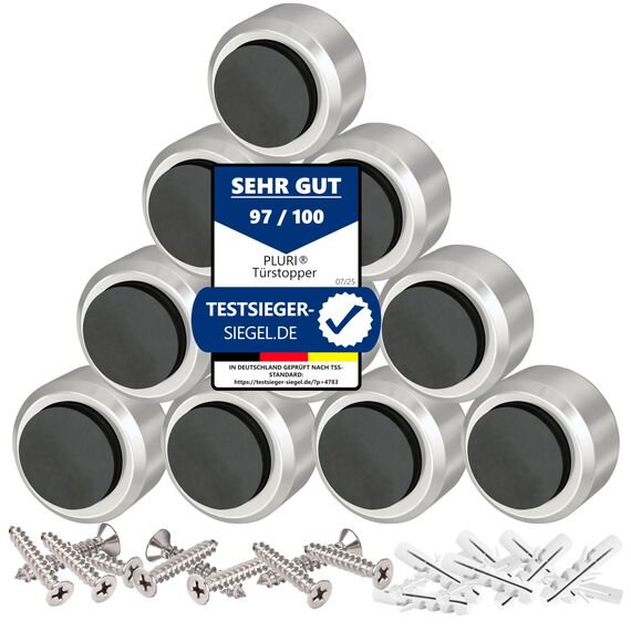 PLURI - Premium Türstopper Wand Edelstahl [10er Set] - GRATIS Befestigungsmaterial, Wandmontage mit Schrauben & Dübeln – Gummi-Puffer schützt Türgriff, Türklinke und Wand