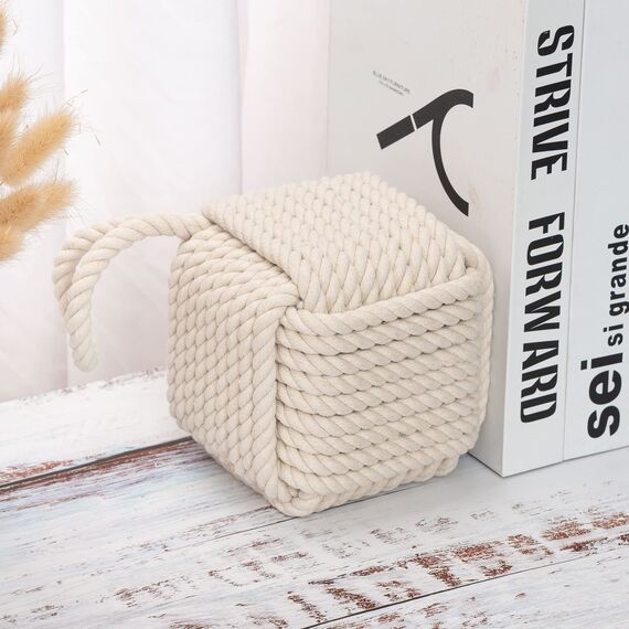 Forecronic Rope Knot Türstopper dekorative nautische handgefertigt mit Griff, beschwert Innenraum quadratische Türstopper Seemannsknoten für Tür und Fenster - Beige (12.7x12.7cm, 2kg)