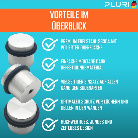 PLURI - Premium Türstopper Boden Edelstahl [2er Set] - GRATIS Befestigungsmaterial, Bodentürstopper zum Schrauben inkl. Schrauben & Dübel – Gummi-Puffer schützt Türgriff, Türklinke und Wand