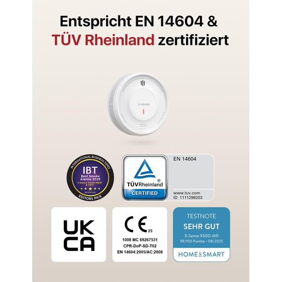 X-Sense Smart Rauchmelder WLAN mit Magnethalterung, vernetzter Feuermelder mit Basisstation SBS50, App-Funktion, Home-Assistant-kompatibel, austauschbare Batterie, XS0D-MR61