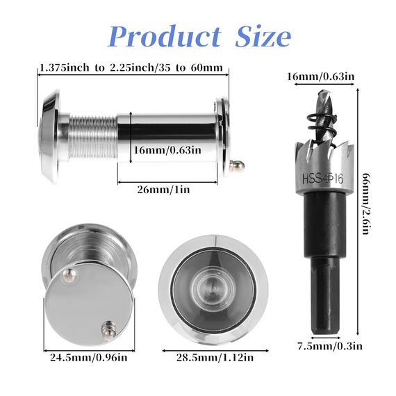 Türspion mit Sichtschutz 200° Weitwinkel Optische Glaslinsen Bohrloch Ø 16mm Spion mit Bohrer Einstellbare Länge Türspion für 35-60mm Dicke Türen (Silber)