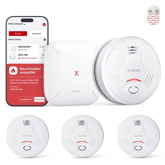 X-Sense Smart-Rauchmelder WLAN mit Magnethalterung, Zertifiziert nach EN 14604, Rauchmelder vernetzt, App-Steuerung, mit Basisstation SBS50, funkvernetzter Feuermelder, SD11-MR31, 3 Stück